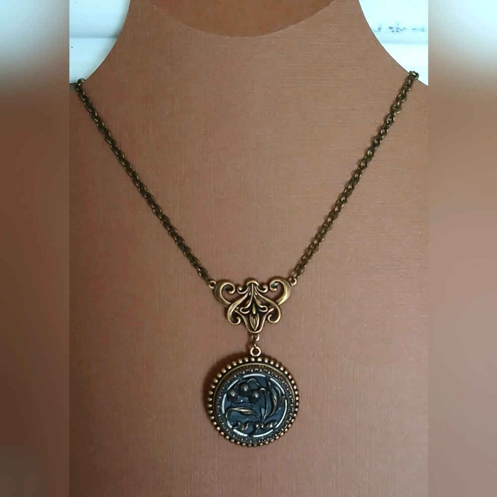 Antique Picture Button Necklace, Oxidized Brass, Victorian Boho Western